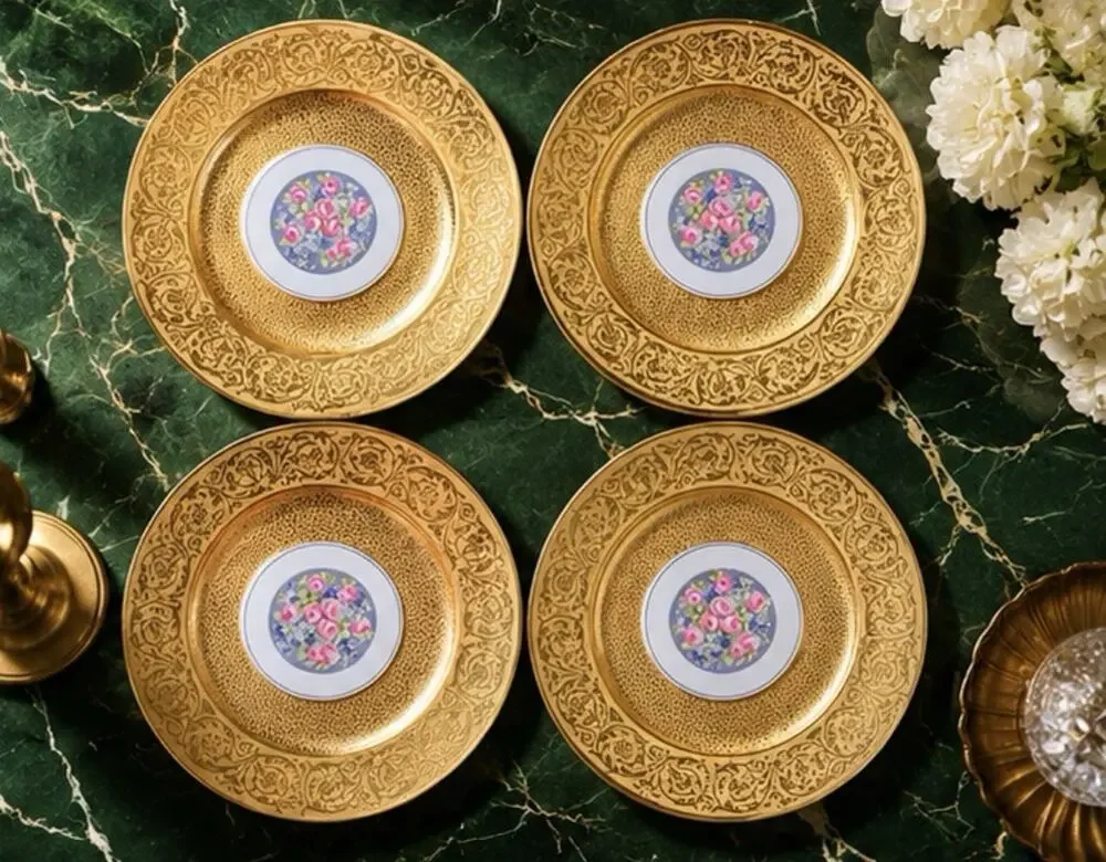 Hutschenreuther Stouffer Bavaria Dinner Plate Set 4 Gold Encrusted Floral 11”